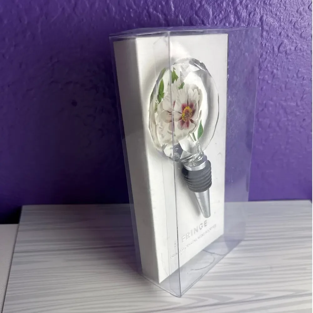 Fringe Printed Crystal Wine Stopper White Flower Faceted Glass Topper NIB